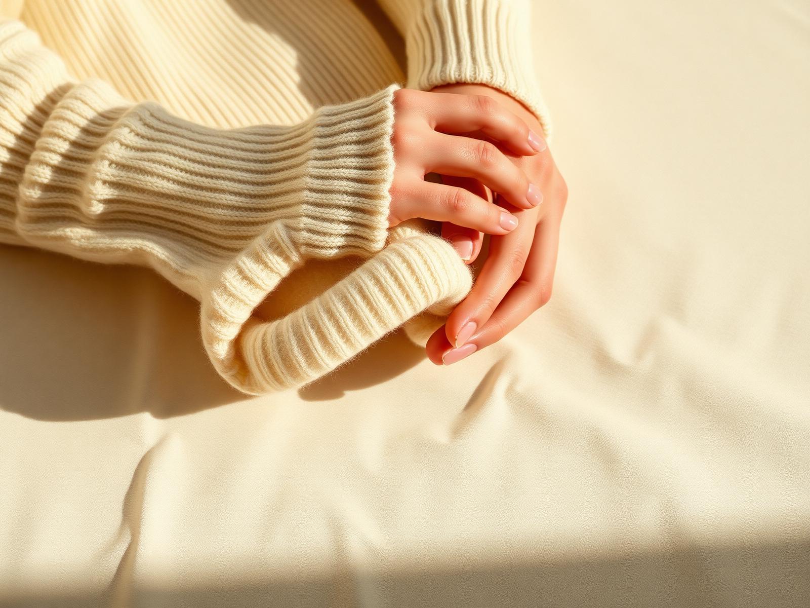 Hands folding fine cream cashmere knitwear in warm Mediterranean light