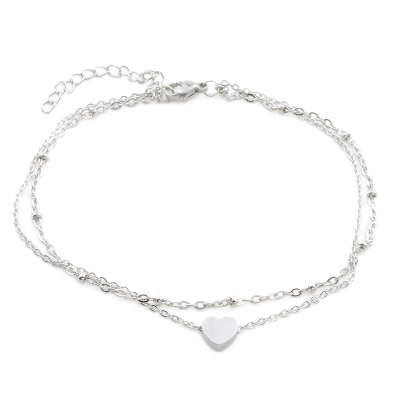 Layered Heart Anklet - Double Chain Heart Charm Anklet