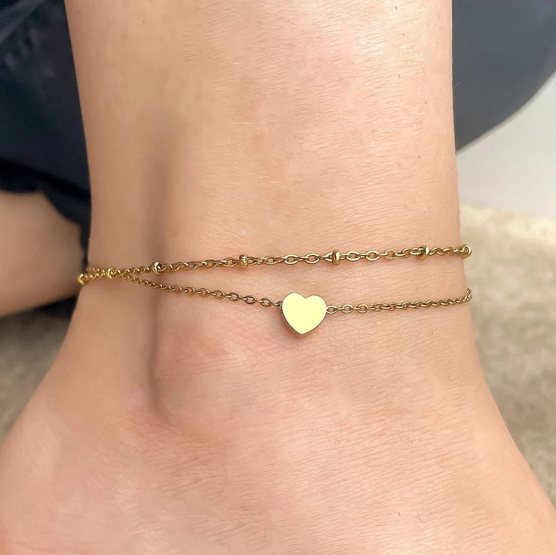 Layered Heart Anklet - Double Chain Heart Charm Anklet