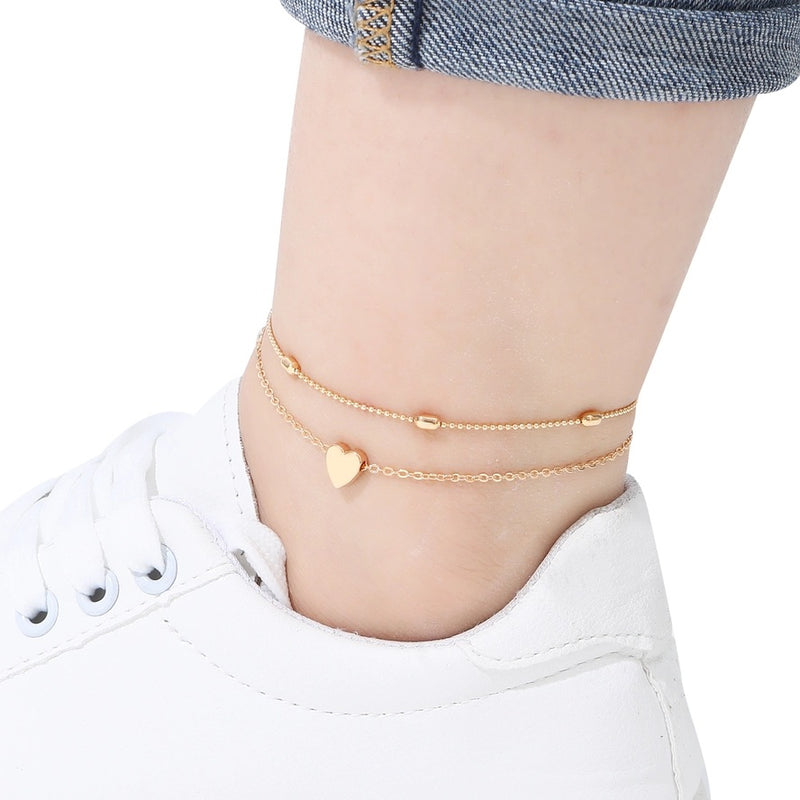 Layered Heart Anklet - Double Chain Heart Charm Anklet