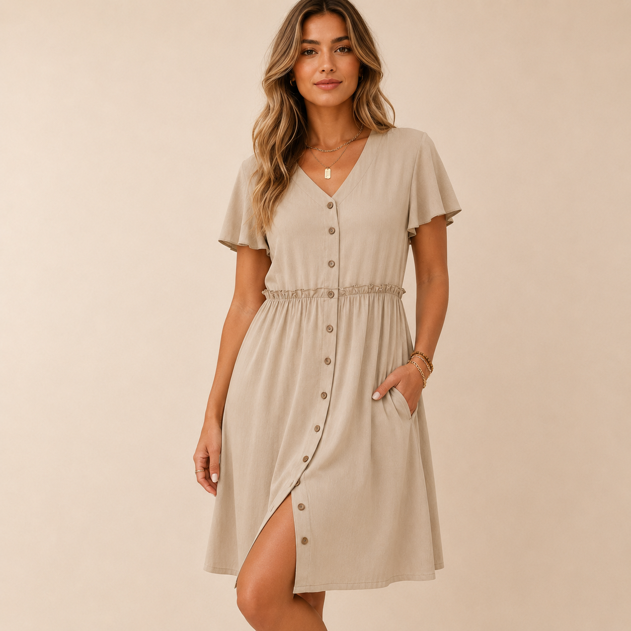 The Button Front Flutter Sleeve Dress