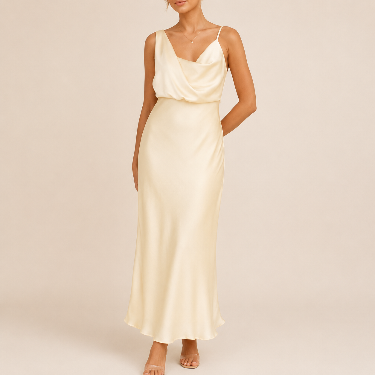 A woman modeling a floor-length satin slip dress in a warm cream or ivory color, featuring thin spaghetti straps, a draped cowl neckline, and a fitted waist with a flowing skirt.