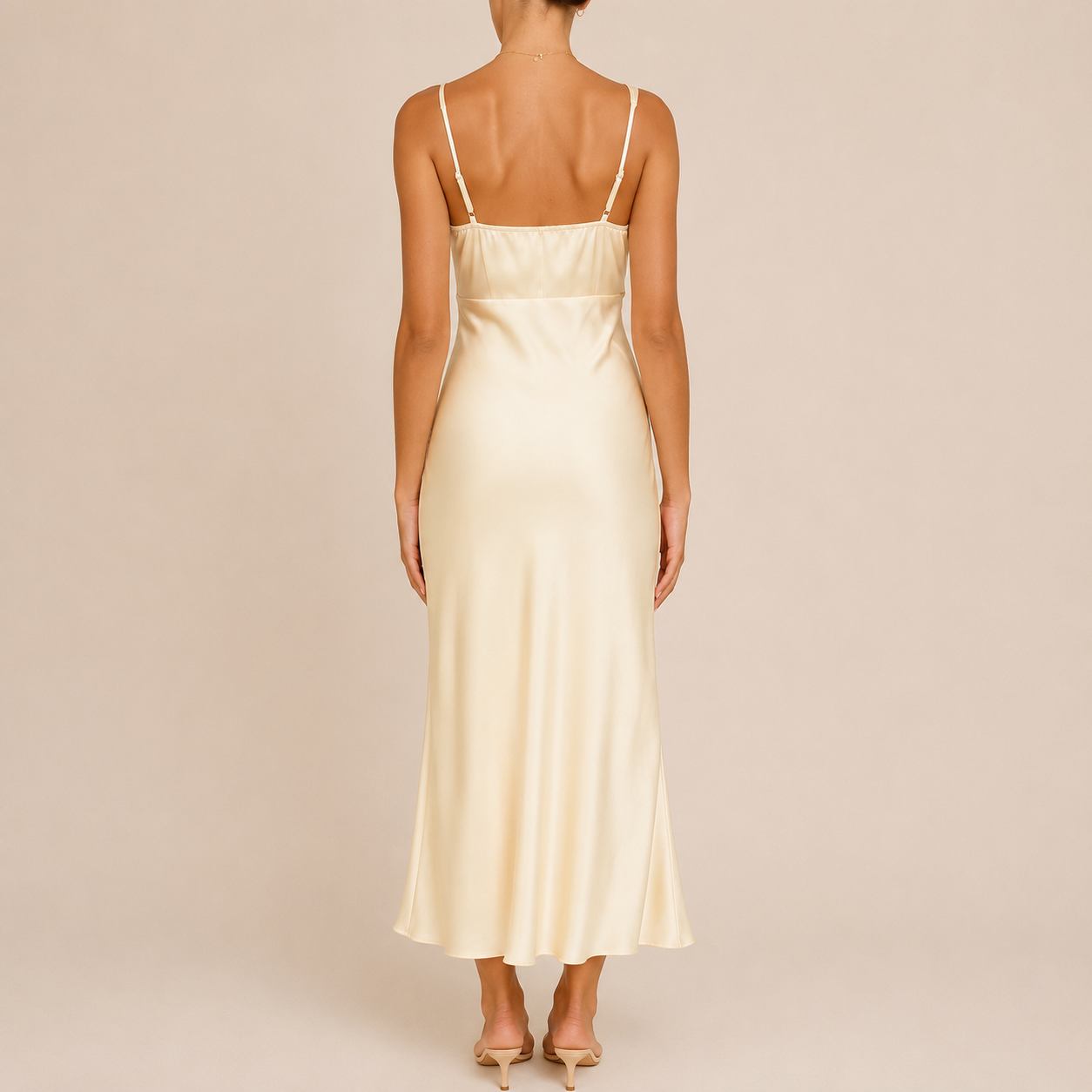 A woman shown from the back wearing a satin slip dress in a warm cream or ivory shade, paired with nude high heels, against a solid light beige studio background.