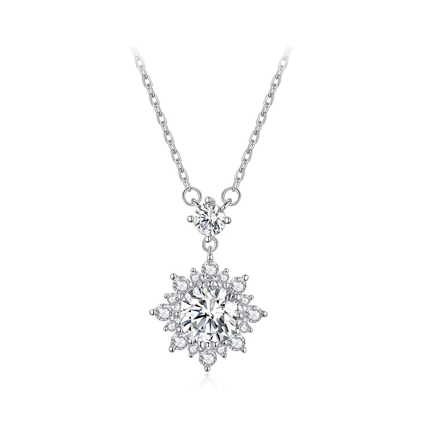 2CT snowflake necklace made of 925 sterling silver with rhodium plating, white background