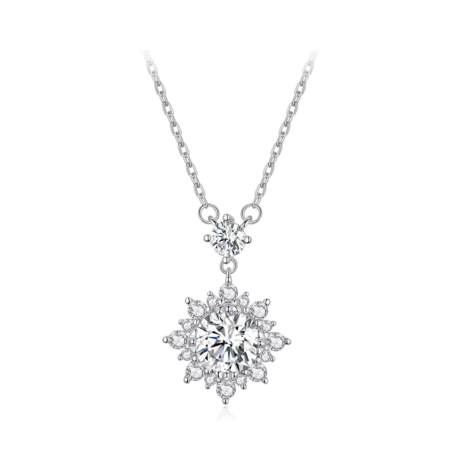 2CT snowflake necklace made of 925 sterling silver with rhodium plating, white background