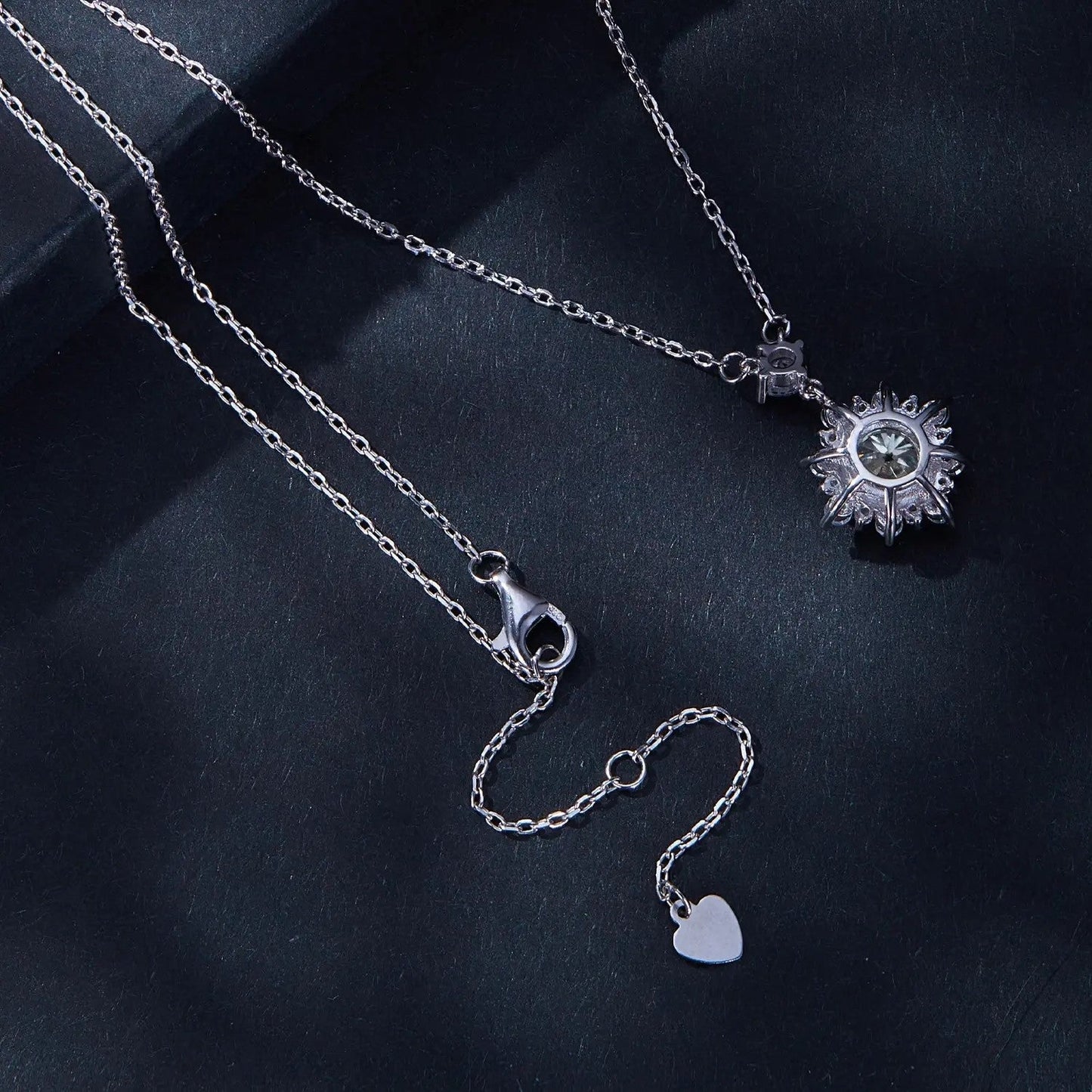 Back view of the 925 sterling silver snowflake necklace showing the clasp and chain