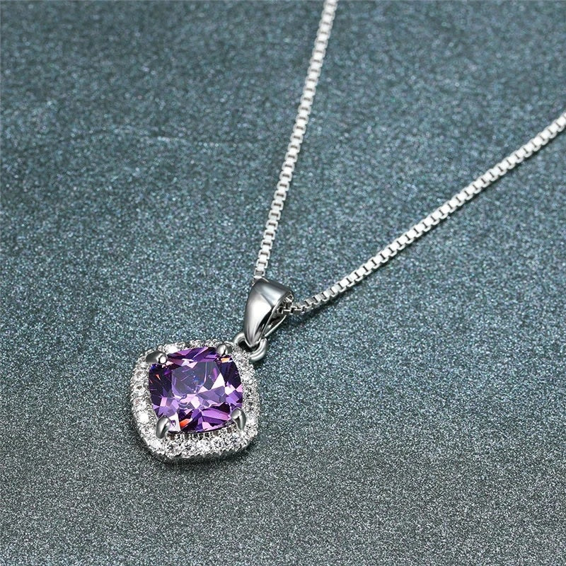 Exquisite Fashion Square Blue Zircon Pendant Necklace Women Clavicle Necklace Valentine's Day Gift