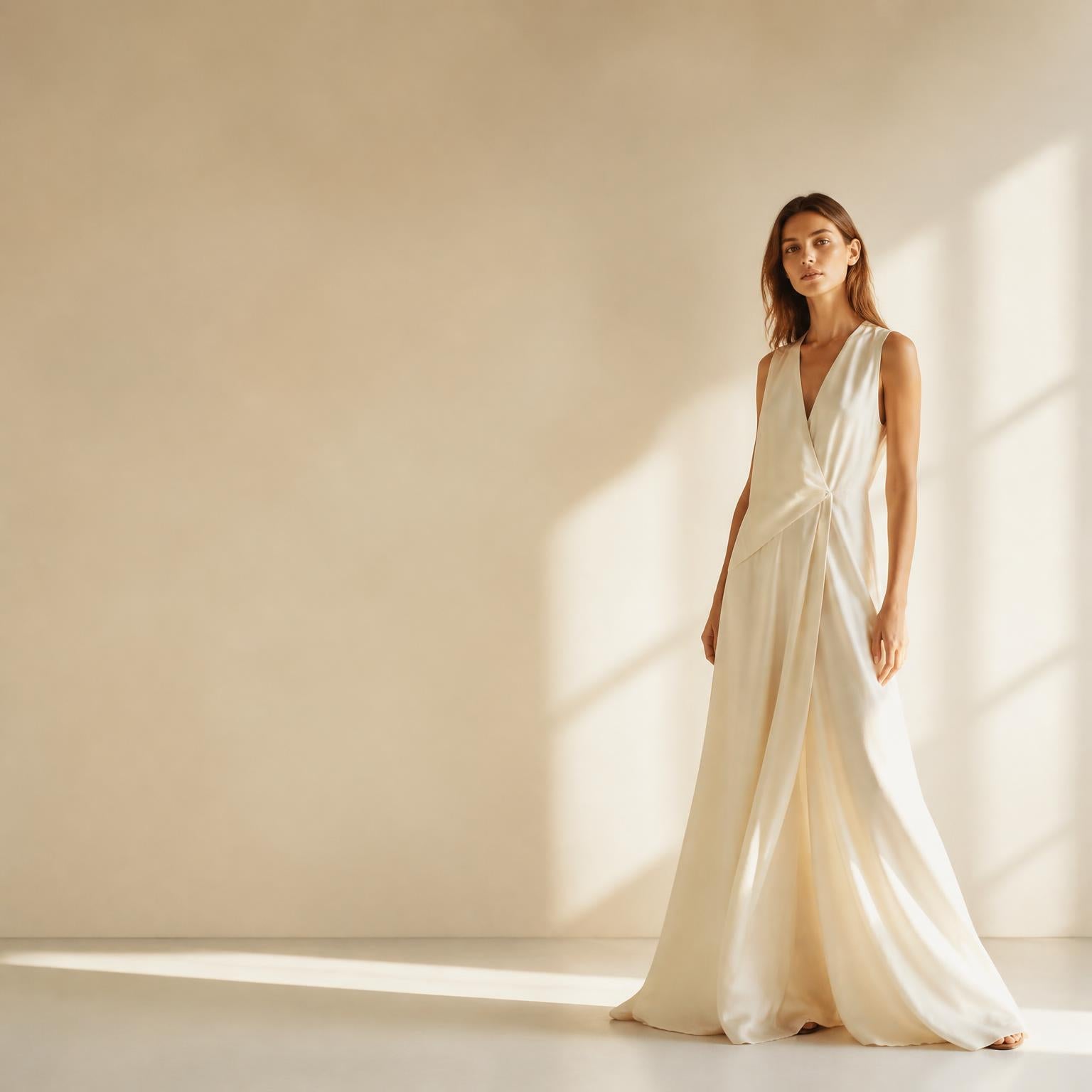 NOURKANDI woman in silk gown at golden hour